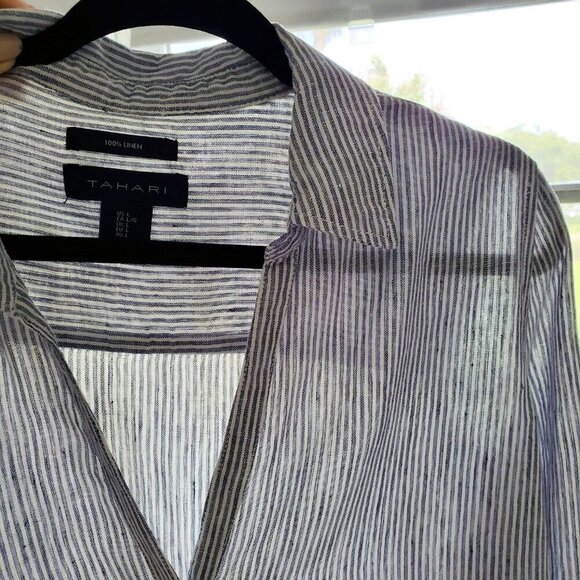 TAHARI 100% Linen Long Button Down Shirt Steel Blue and White Stripes Size L - Picture 8 of 15